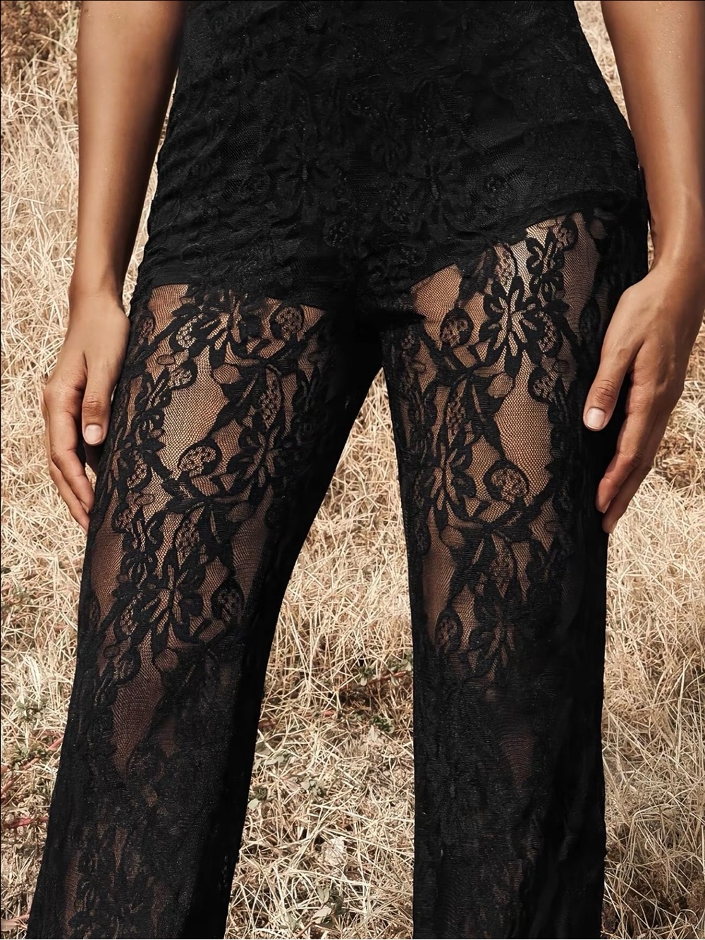 Black Lace Flare Pants - Elegant Sheer Women’s Trousers New Boutique - Picture 5 of 7